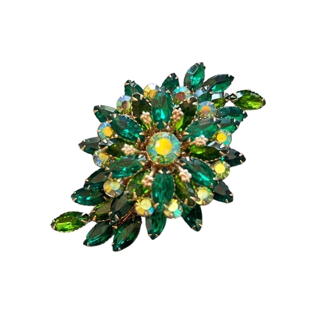 Vintage Austrian crystal Emerald greens & Gold Floral leaf statement Brooch RARE